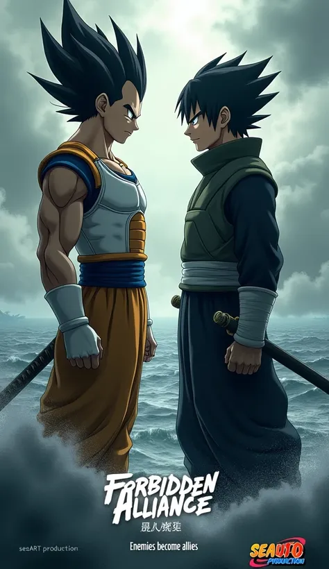 Characters: Vegeta (Dragon Ball) and Sasuke Uchiha (Naruto)
Scene: Vegeta and Sasuke reluctantly teaming up, with a fierce look in their eyes.
Title Text: “Forbidden Alliance”
Additional Text: “A SeaArt Production”, “Enemies Become Allies”, “In Theaters Th...