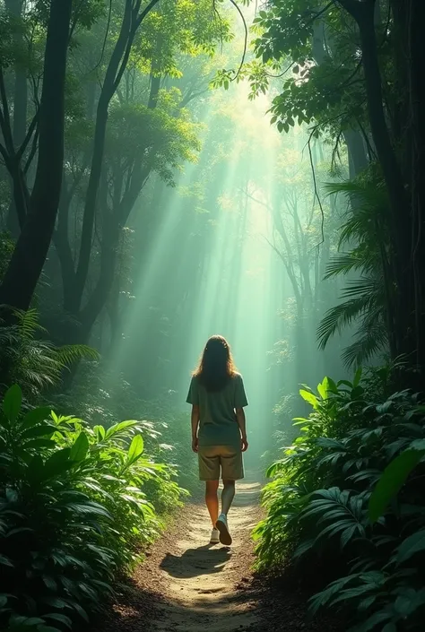 Imagine a narrow, winding jungle path surrounded by lush greenery, dappled with cinematic light filtering through the dense canopy above. A solitary figure walks, dressed in casual attire, with a contemplative expression, emphasizing the sense of solitude ...