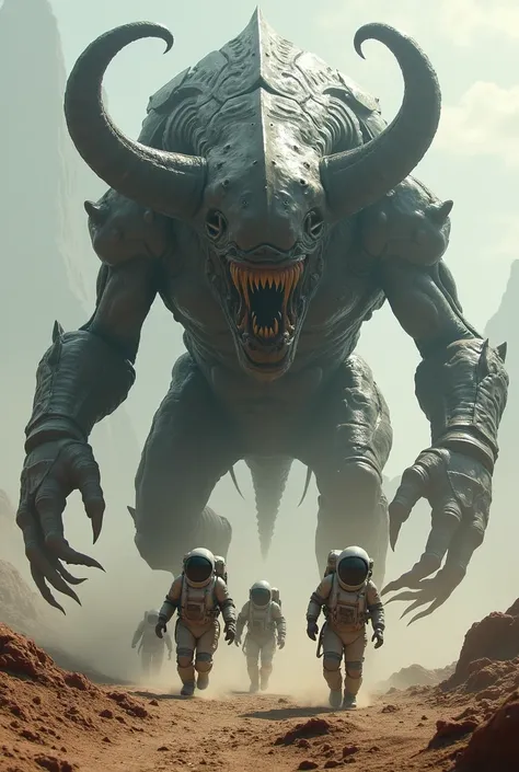 Colossal scary alien with armor that looks like horns chasing after astronauts 