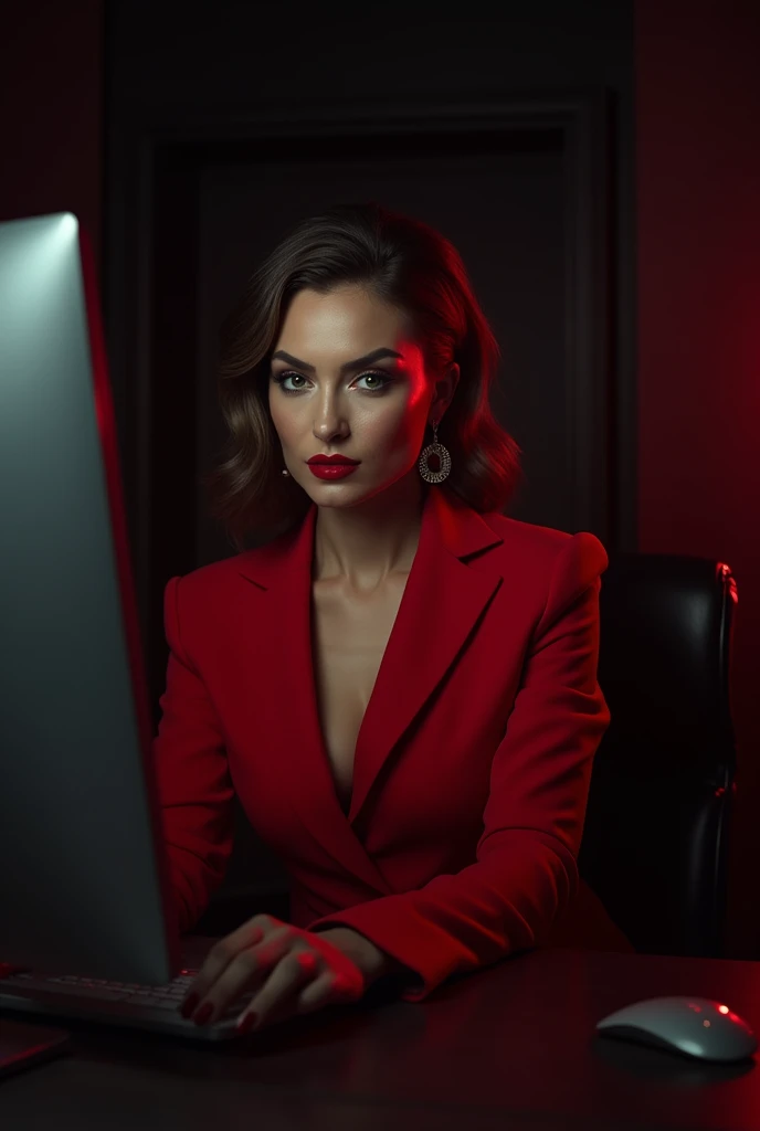 Lifestyle portrait of a powerful woman, dressed in red, with red lipstick, on the computer working, predominant colors red and black. 