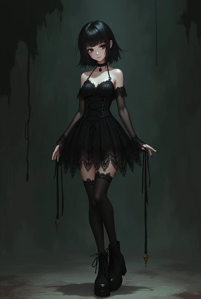 Full body shot of short goth girl anime character 