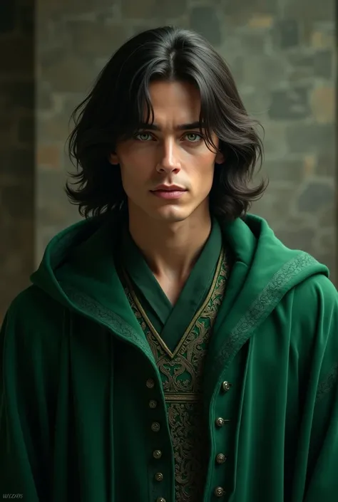  male, s, long middle part dark hairs, dark green eyes, wear slytherin outfit , tan skin