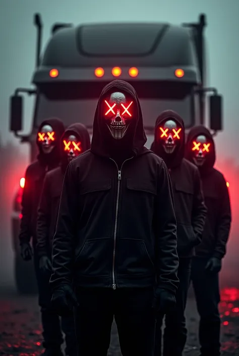 Make a flyer for a Halloween party with a purge theme with a group wearing masks with the x lights like in the purge masks and a truck behind the purge n 4k