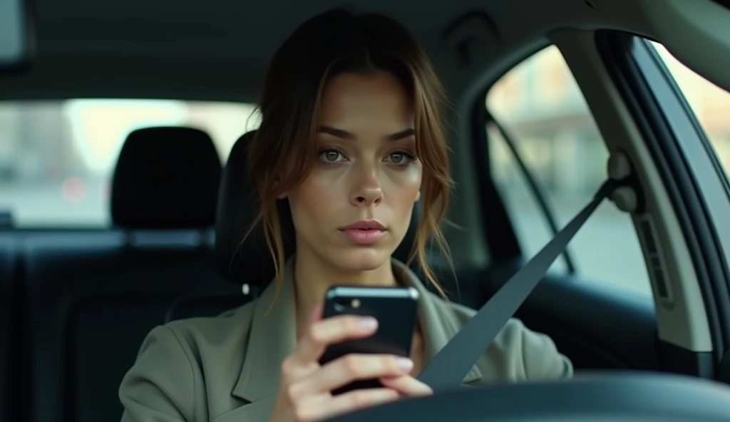 A young woman sits in a car, holding her phone tightly as she reads a message. Her hazel eyes are focused and intense, her expression resolute. The city streets can be seen through the car window, and she is dressed in a simple, yet elegant outfit, ready f...