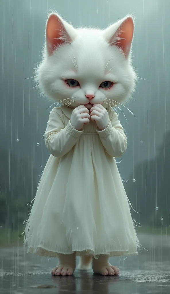 The humanoid white cat stands under a gray, cloudy sky, her delicate form soaked as raindrops mix with the tears falling down her furry cheeks. Dressed in a simple white frock, her eyes are downcast, reflecting sadness. Her soft chest rises with each shaky...