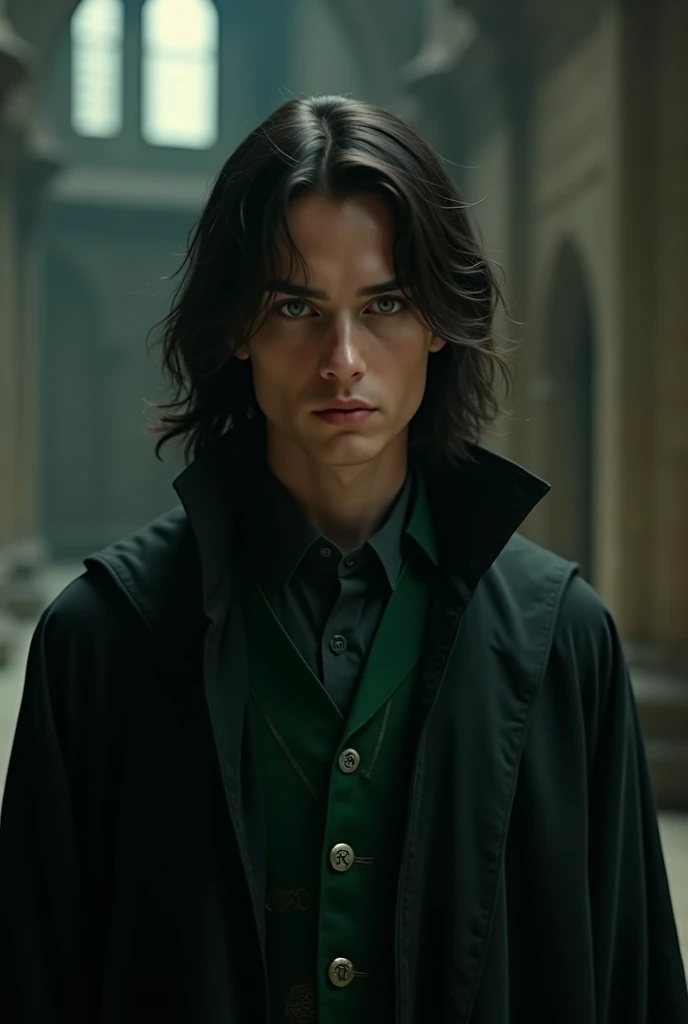  male, s, long middle part dark hairs, dark green eyes, wear black slytherin outfit, tan skin