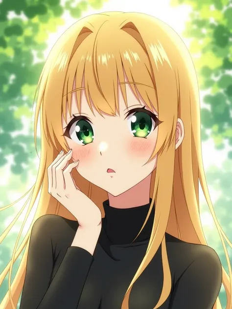 Anime-style illustration featuring a dazzling woman with long, straight blonde hair and large, expressive green eyes. She has fair skin and a small, delicate nose with a slight blush on her cheeks. Her lips are slightly parted, giving her a gentle, serene ...