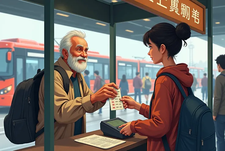 Create an illustration of a bus ticket seller selling a ticket to a customer, The customer must have a bus ticket in their hand.