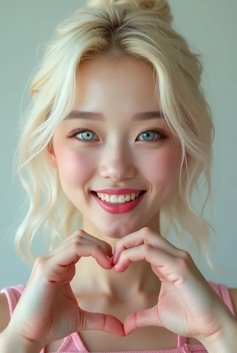 A light blonde girl with white eyes, blue eyes, thick lips and perfect teeth smiling with her teeth out and making a heart in her hand like Koreans do and making it look like a real person