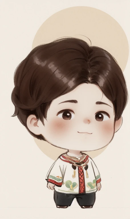 chibi painting, 3/4 view face, face of Hispanic boy, chibi. Brown hair.