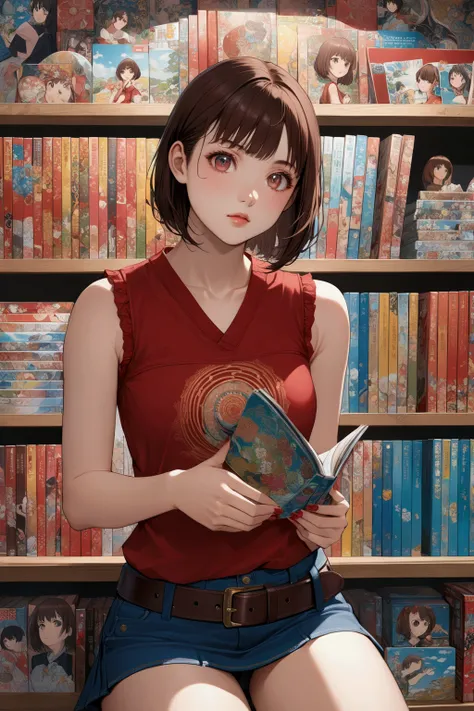 realistic anime illustration of young woman at manga cafe, manga shelf, she has dark-reddish brown short hair (+forehead, bob cut), wearing red tanktop, denim pleated mini skirt with brown belt,  ((masterpiece:1.2), (best quality:1.2), (very aesthetic:1.2)...