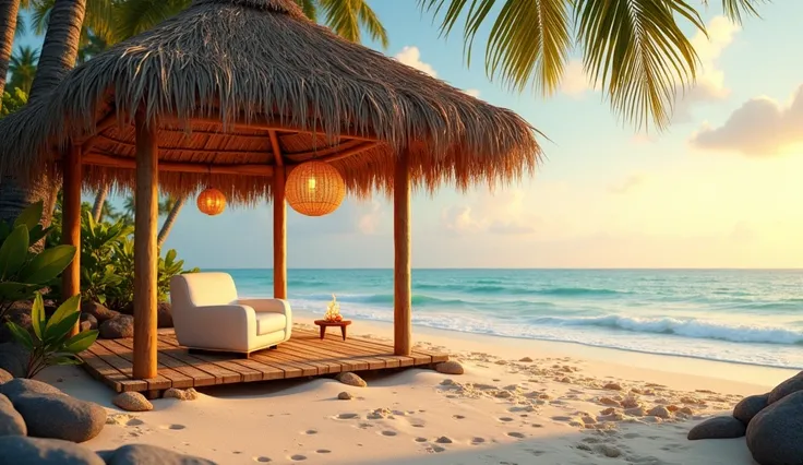 an afternoon beach with a straw hut with a white armchair underneath and wooden lamps hanging from the ceiling and an unlit fire in the middle