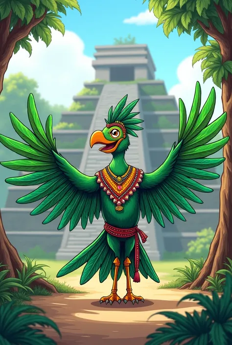 Make an animated quetzal, with the open ones, happy with traditional Guatemalan clothing, showing Tikal, that is easy to draw 