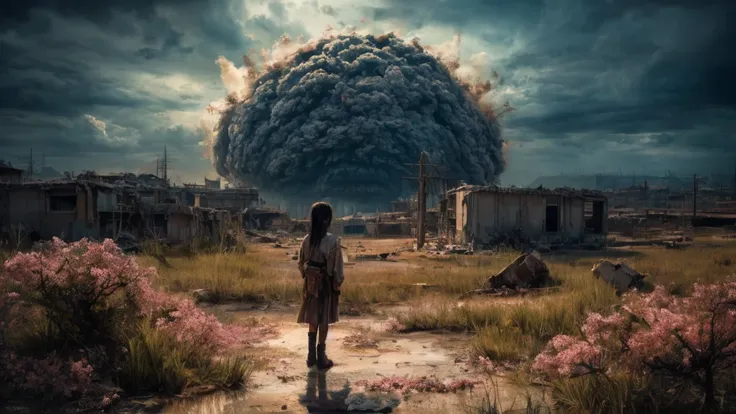 Oil painting, ((resilient)) Japanese girl standing amidst nuclear wasteland ruins, delicate flowers emerging from the desolation, ominous clouds casting shadows, ((haunting beauty)), post-apocalyptic masterpiece