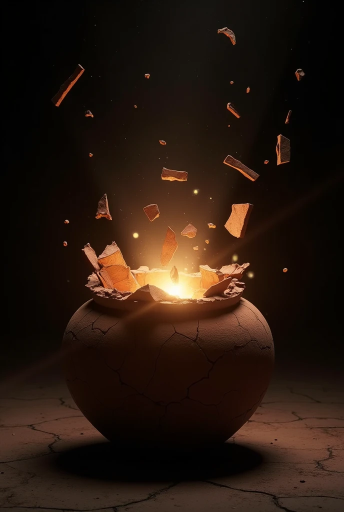 Clay pot breaking with light inside 
