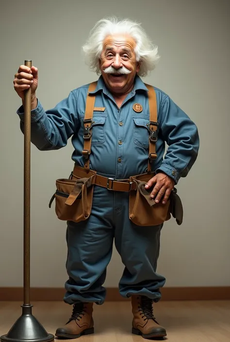 a photo of albert einstein in a ((((plumber outfit)))), he is (((holding a plunger))), happy, smiling 