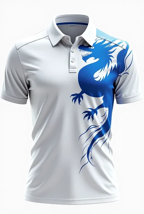 a white shirt with blue details, inspired by blue dragon sla and blue dragon coat of arms not very flashy team cam improve this more, take off that polo shirt, be more creative and make it more sporty. This is very exaggerated 