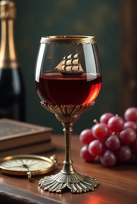 Product photo, glass of wine, red wine half full, metal moth base and stem, half of the cup&#39;s bowl in metal half of the cup in glass, rim of the cup with gold details, on a wooden desk, The bar, bunch of grapes on the table near the glass, foto realist...