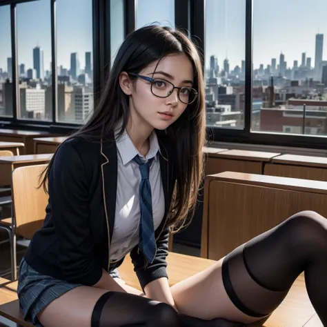 schoolgirl girl with glasses in school uniform with black stockings white skin long black hair full profile in a classroom with ...