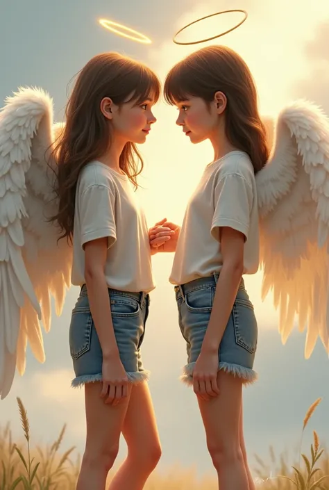 Realistic 2 teen girls one is an angel beside each other. Angels hand on the girls shoulder