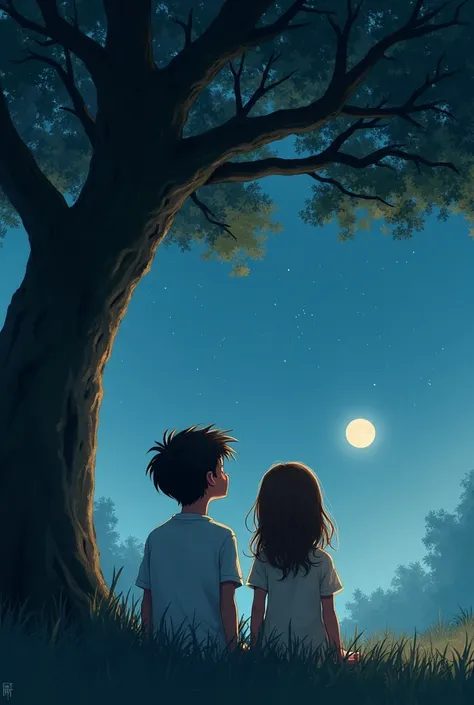 A boy and a girl sitting under a tree watching the bright moon 