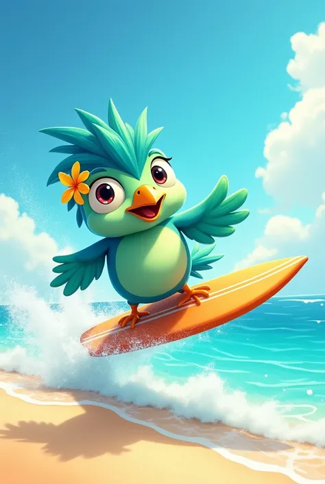 cartoon of a torogoz bird with a surfboard