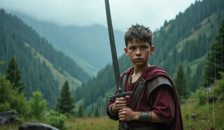 High resolution, Mountainous area background, wooded, rainy,  Trojan boy with sword in hand