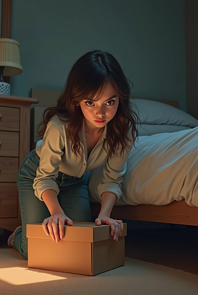 A young woman quickly puts the box under the bed