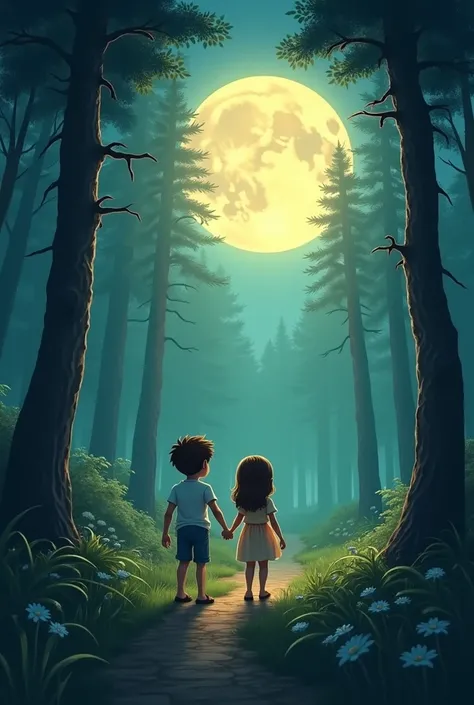 A boy and a girl walking in a forest and the radiant moon 