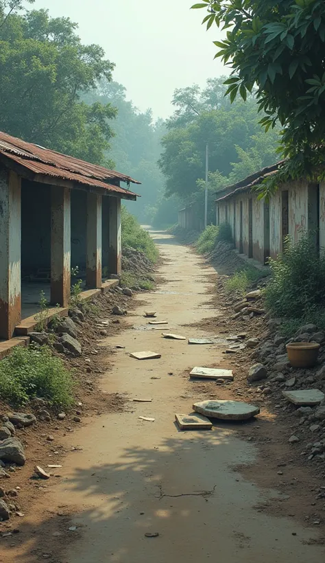 A visual of a partially constructed road or dilapidated school building to represent the incomplete development work done by the Mukhiya.