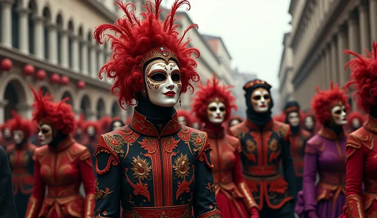 People at Venice Carnival wearing hand masks smiling.