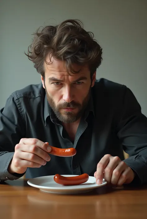 create a very realistic image of a man sitting alone and eating a single sausage that is on the plate on the table

