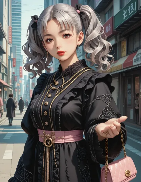 Gothic,extremely detailed,Detailed clothes,Japanese,25 yo,tareme,red lips,silver hair,wavy hair,twintail,busty,long sleeves,gold embroidery,frill,robe,pink handbag,city