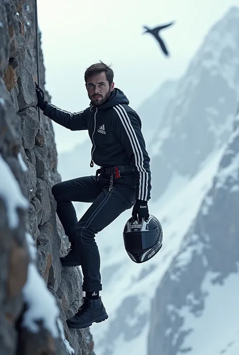 generate a rock climber dressed in an adidas tracksuit and a motorcycle helmet hanging from the top of a snowy mountain with an eagle flying nearby