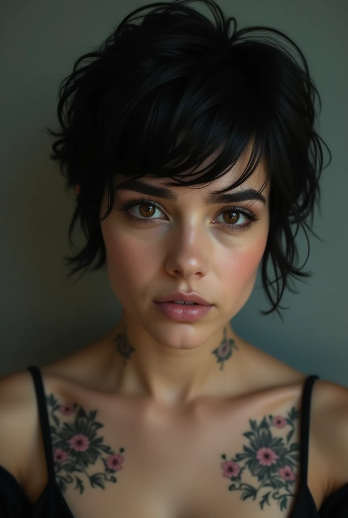 woman, 20 years old, black pixie cut wavy hair, dark brown eyes, flower clavicle tattoos