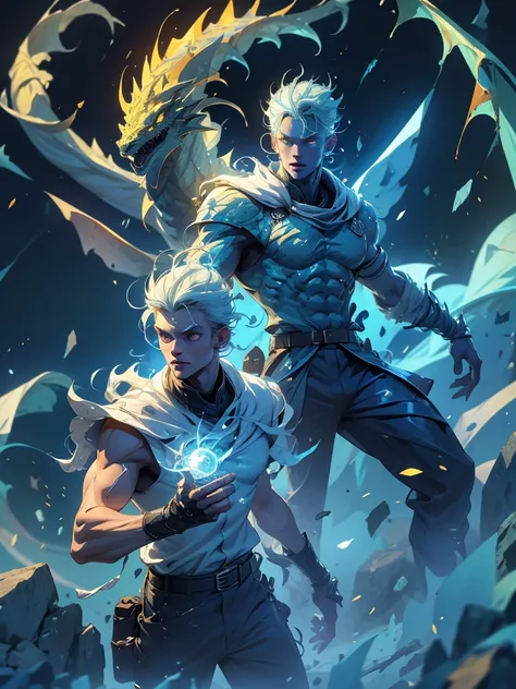 2 man, half white dragon with a slightly blue aura, and with some scales around the eyes, yellow eyes, cinematic, full body, emanating ice energy, White and spiky hair, yellow eyes, (((mascara they))), Wearing a white button down shirt, wearing black pants...