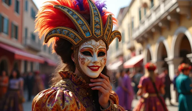 People at the Venice Carnival, holding a mask smiling in front of his face.