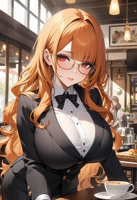 ((Best quality)), ((Masterpiece)), (details), 1 woman, Big Breasts, Orange hair, Red eyes, ((My hair is very long., long wavy hair)), (Bangs:1.5) , curve, large chest, huge breasts, Beautiful face,  Beautiful skin , Long eyelashes, Thick eyelashes, Gold fr...