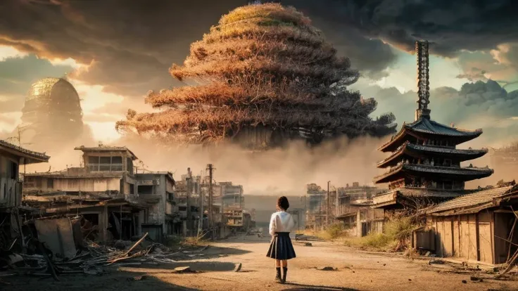 Oil painting, ((resilient)) Japanese school girl standing amidst nuclear wasteland ruins, delicate flowers emerging from the desolation, pagoda far away, ominous clouds casting shadows, ((haunting beauty)), post-apocalyptic masterpiece