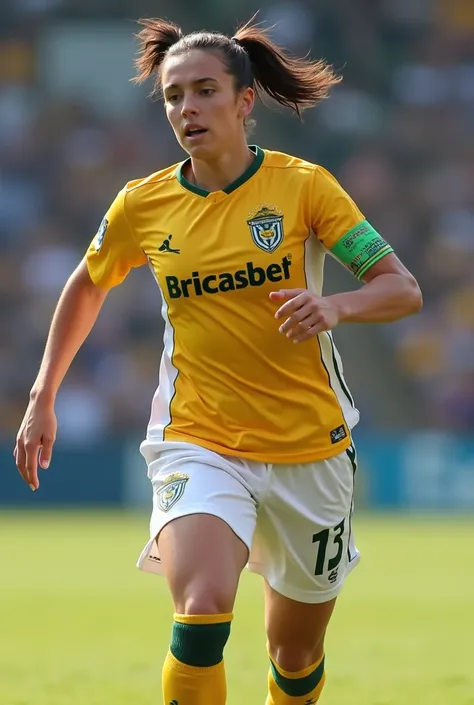 Young adult soccer player, with a yellow and white uniform, number 13 jersey, written on the chest of the BRICASBET t-shirt