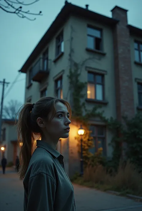 A modest, old apartment building in a quiet, slightly run-down neighborhood. The building has faded brick walls, ivy creeping up the sides, and dimly lit street lamps casting long shadows. In the foreground, a young woman, mid-20s, light brown hair tied in...