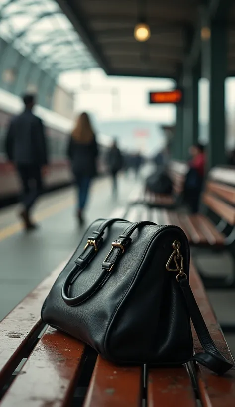 On a seat at a train station was a woman&#39;s purse carrying a bottle of water.
