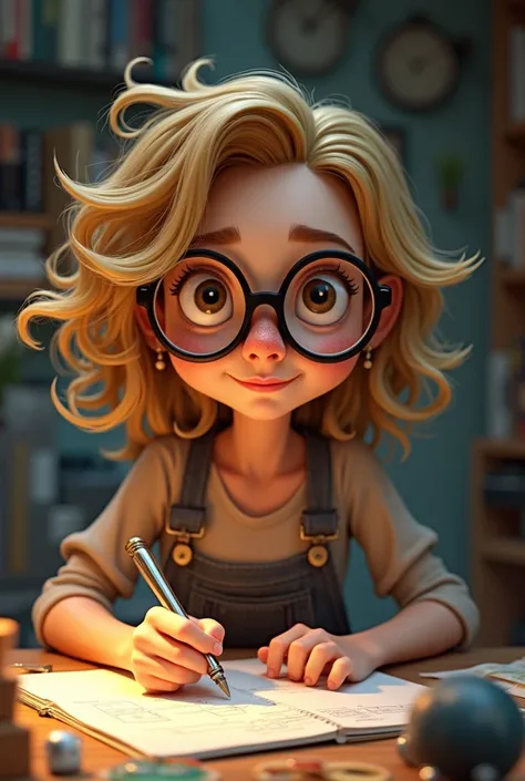 Create a blonde nerdy girl with curly hair and glasses doing a task make her funny darker eyes, Curlier hair, more dirty blonde, make your eyes brown and your hair more curly, make your hair fall

