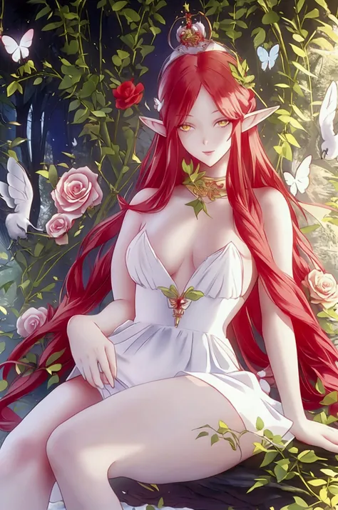 young elf woman, very long red hair, with a crown of red and white rose flowers, yellow eyes, Greek style dress ,white, with green details of small green vines, big thighs and chest, with colorful birds and butterflies around it, in the forest, with a warm...