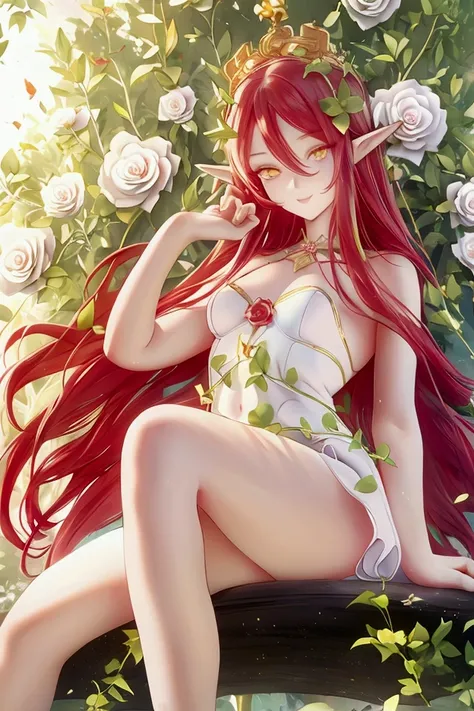 young elf woman, very long red hair, with a crown of red and white rose flowers, yellow eyes, Greek style dress ,white, with green details of small green vines, big thighs and chest, with colorful birds and butterflies around it, in the forest, with a warm...