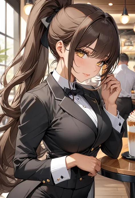 ((Best quality)), ((Masterpiece)), (details), Young woman, Medium chest, Brown hair, Yellow eyes, ((Long hair, ponytail)), Handsome face, (Tanned:1.3), Long eyelashes, Thick eyelashes, , (((Adult women, milf))), detailsที่ซับซ้อน, butler clothes, Black coa...