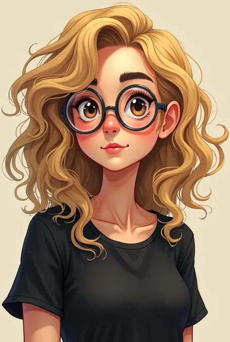 Create a blonde nerdy girl with curly hair and glasses doing a task make her funny darker eyes, Curlier hair, more dirty blonde, make your eyes brown and your hair more curly, make your hair droopy and black eyebrows with a black t-shirt CURLY AND FALLING ...