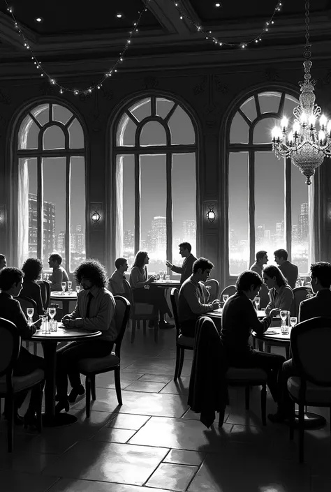 Make a visual sketch without colors of restaurant night time