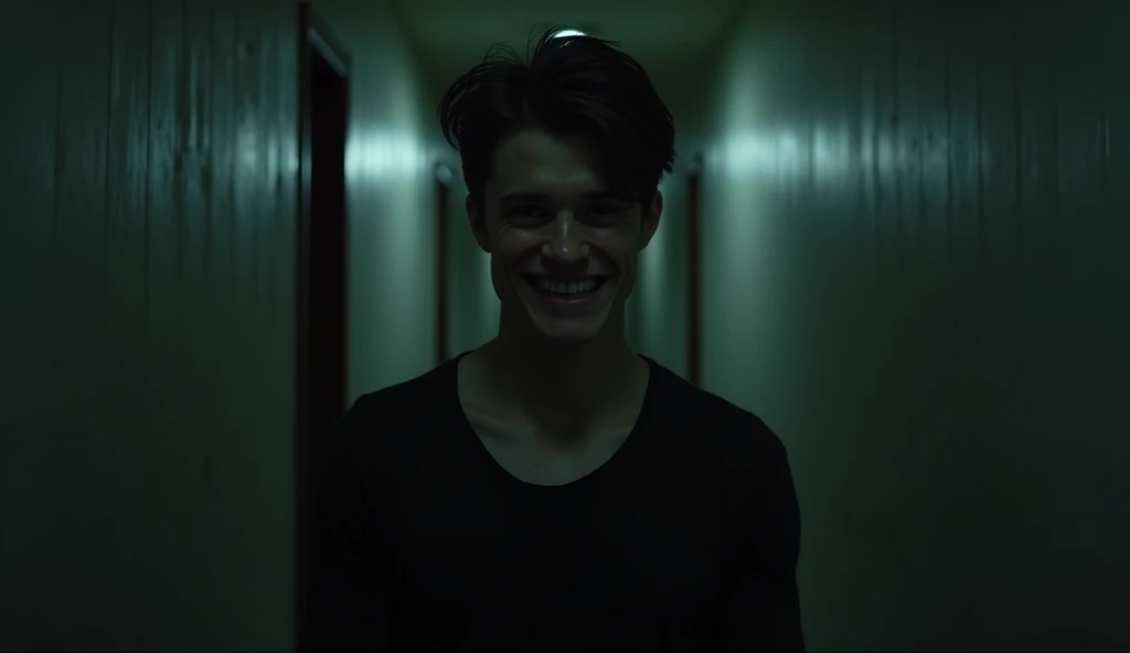 A tense moment in the dimly lit apartment hallway. The young man, Ian (late 20s, dark hair, pale skin), stands facing the camera with a twisted, unsettling grin on his face. His eyes are hollow, dark circles under them, and his posture is slightly off, as ...