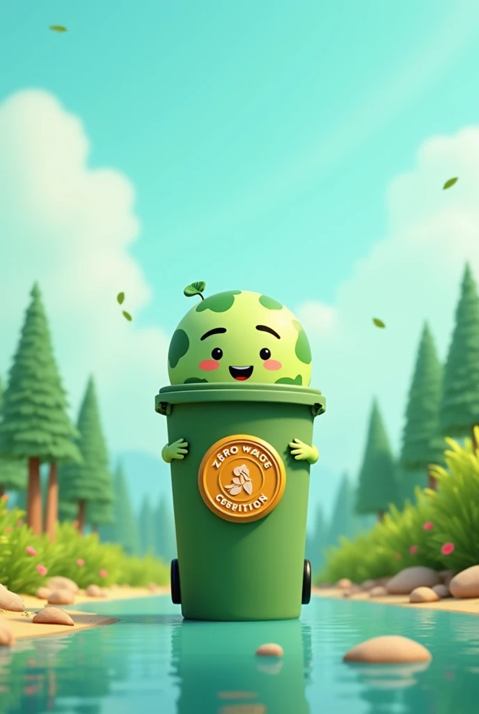 Create an animated logo for an environmental campaign, based on a planet or a recyclable waste bin and having a button on the chest with the ZERO WASTE GOLD certification seal